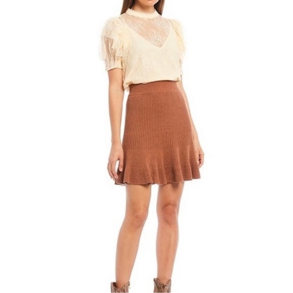 NWT Free People Solid Gold Ribbed Ruffle Trim Skirt - Picture 2 of 9